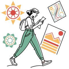 Woman walking map backpack travel illustration tourist woman walking with map and backpack planning travel adventure graphic