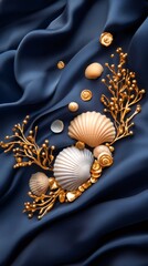 Golden seashells and corals arranged on deep sapphire velvet textile