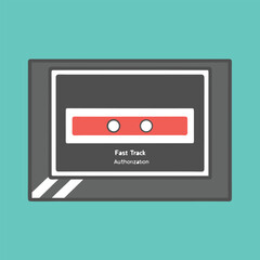 Retro cassette audio tape fast track authorization label minimal vintage teal background playful retro vibe