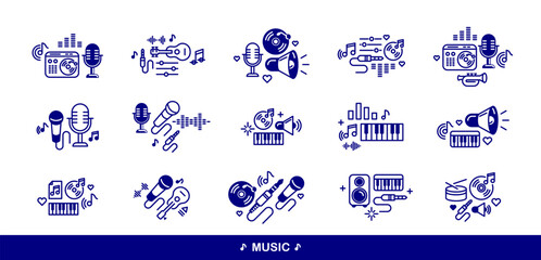 Music and recording studio vector detailed icons set, sound producing and audio engineering bundle, playing instruments.
