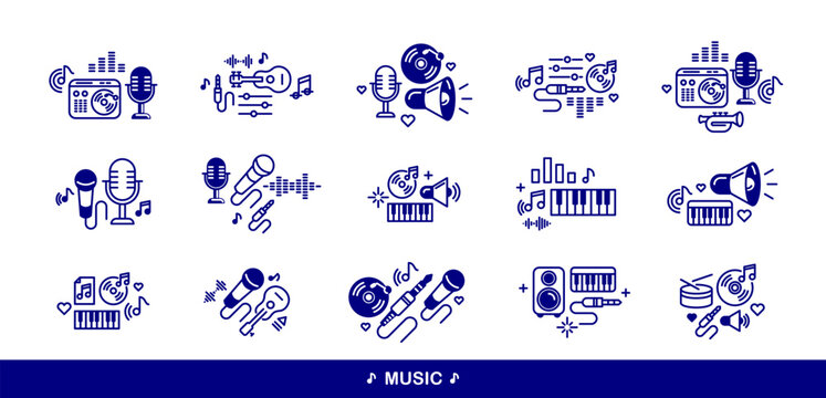 Music and recording studio vector detailed icons set, sound producing and audio engineering bundle, playing instruments.