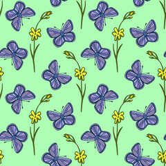 Vector seamless pattern with blue butterflies and yellow flowers on a green background. Summer floral background. Основные RGB