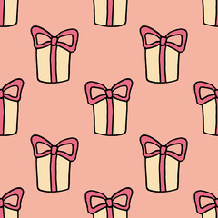 Vector seamless pattern with pink gift boxes. Festive background for birthdays, weddings, and Valentine's Day. Основные RGB