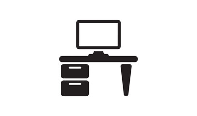 Minimalist Workstation Silhouette Icon, Black Computer Desk with Monitor and Side Drawers for Office and Study Concepts