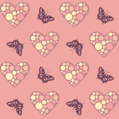 Vector seamless pattern with butterflies and hearts on a pink background. Festive Valentine's Day background. Основные RGB