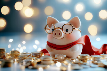 Adorable piggy bank with glasses and red cape amidst stacks of coins