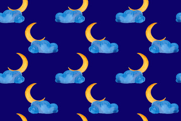 Watercolor seamless pattern of night sky with crescent moon and clouds