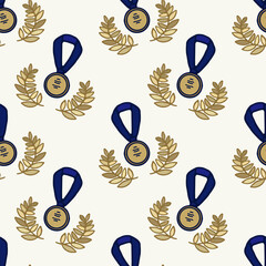 Vector seamless pattern with medals and golden laurel leaves. Основные RGB