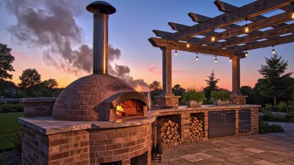 Nestled in a beautiful garden, the pizza oven radiates warmth under a colorful twilight sky. The peaceful evening unfolds with soft lights illuminating the outdoor cooking space.