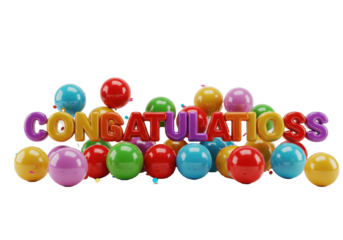 Large, glossy 3D rainbow bubble letters "CONGRATULATIONS" with inflated spherical balloons, star confetti, on a transparent studio background. Festive celebration atmosphere