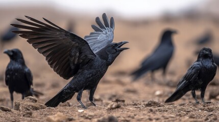 A crow takes flight amidst its flock on a dusty ground, captured in a dynamic pose. Other crows gather, offering context
