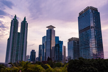 View of Jakarta's Central Business District at dusk (blue hour). Jakarta cityscape at sunset.