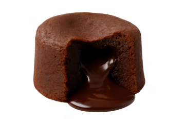 Chocolate lava cake with melting oozing fondant on transparent background