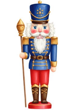 Traditional nutcracker soldier, fluffy white beard, blue shako hat, blue jacket, red pants, staff, elegant watercolor illustration isolated on transparent background, classic Christmas holiday