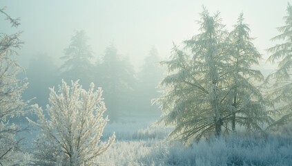 Frozen trees covered in frost, highlighting winter weather and natural preservation