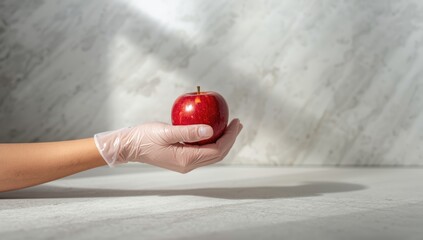 Disposable glove grasping a red apple placed on a sleek concrete background, highlighting hygiene practices in food handling, World Food Safety Day