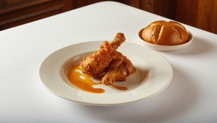 Crispy fried chicken on a white dish at a dining table, focusing on food handling and presentation