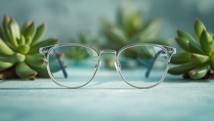 Magnified view of prescription glasses for myopia showing lens correction and blurred background, emphasizing eye health and vision correction