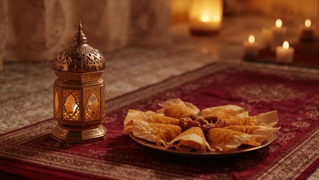 Decorative Arabic lantern and prayer mat paired with Fried Makrout, a semolina and date honey pastry for Islamic holiday celebrations