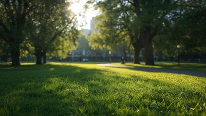 Obraz premium Summer city park with lush grass serving as an editorial header background, highlighting seasonal greenery