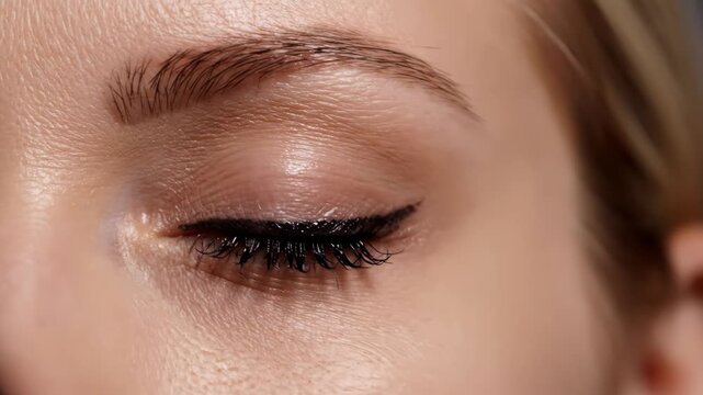 Learn the secrets of flawless winged eyeliner application in a serene studio. Witness the graceful hand movements and the beauty of focus as the artist perfects the look with precision and care.
