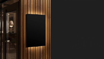 Backlit black sign with copyspace on wooden structure, used for informational or directional signage