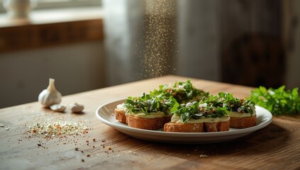Cottage cheese and greens on rye toasts with spices, ideal for a balanced meal, National Nutrition Month