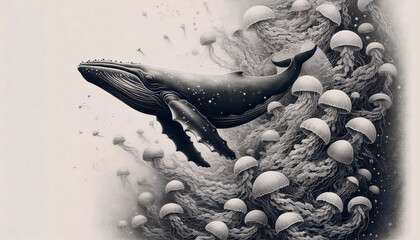 An engraved style whale and jellyfish art, Ai generated image