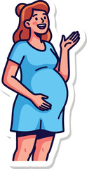 Pregnant woman in blue dress waving happily with one hand on her belly