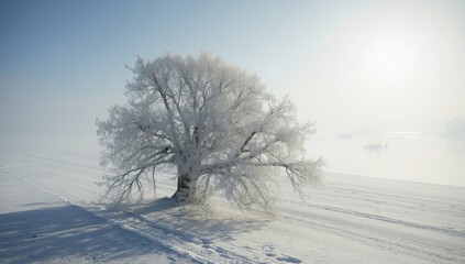 Frost-covered tree by a lake shore during winter, highlighting seasonal change, Winter Solstice