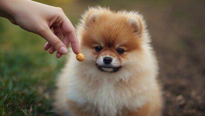 A person presenting a snack to a small puppy, focusing on animal care, in a home environment