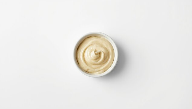 Mayonnaise sauce in bowl isolated on white background, emphasizing food ingredients and presentation