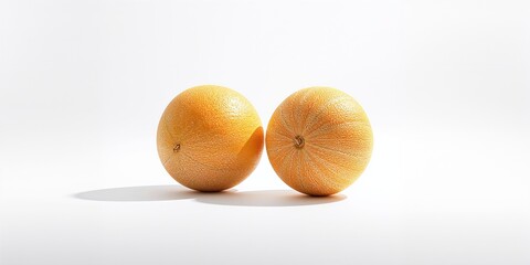 Pair of ripe cantaloupe melons on a plain white backdrop, ideal for culinary display or marketing