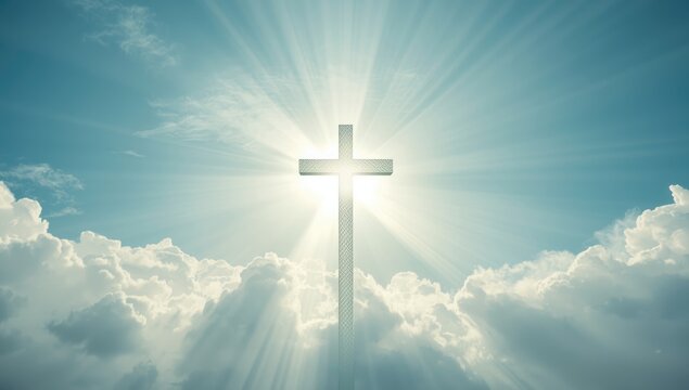 Cross monument standing tall under a fiery sky at sunset, ideal for faith-based layouts - Powered by Adobe