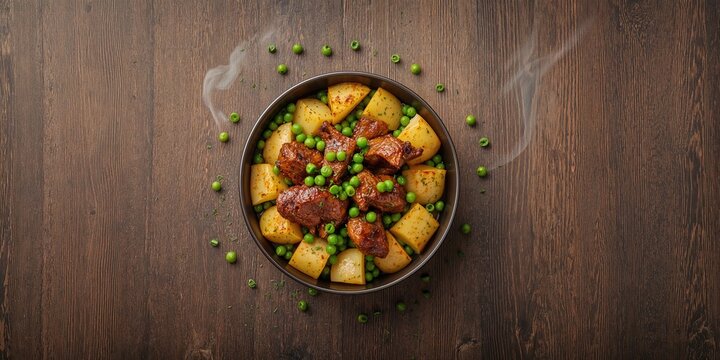 Orman Kebab with peas and potatoes viewed from above, protein-rich ingredients and meal preparation