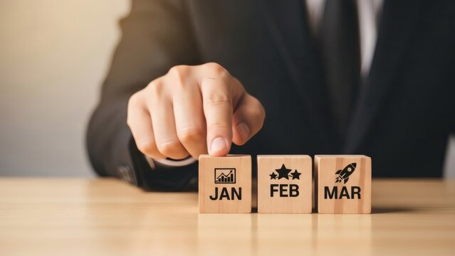 Annual Business Planning First Quarter Focus. Hand selecting January February March blocks, symbolizing Q1 goals prioritization early execution and strategic momentum.
