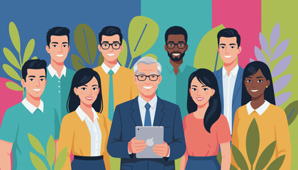 Diverse corporate team smiling with senior leader holding a tablet Teamwork technology and success concept