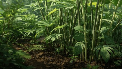 Fototapeta premium Lizard navigating bamboo stems within lush cucumber plant growth, highlighting reptile movement in dense greenery
