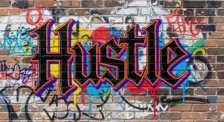 Bold gothic style lettering proclaiming the word hustle is prominently displayed over a heavily tagged brick wall surface.