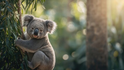 Fototapeta premium Koala climbing a branch within a zoo habitat, focusing on animal behavior and habitat preservation