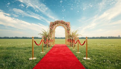 Luxury event entrance featuring a red carpet, ropes, and golden barriers, outdoor summer celebration setting, summer day