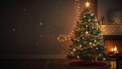 Holiday season decor featuring a Christmas tree with presents, festive interior setting for New Year