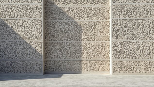 Decorative carved wall with regional motifs serving as a textured background for interior design