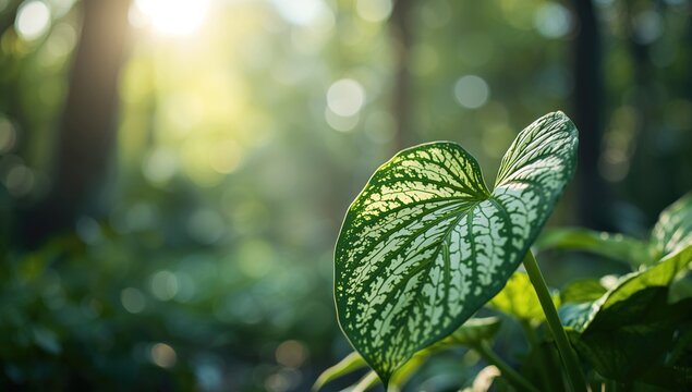 Detailed view of green and white caladium foliage serving as a natural background for botanical layouts, World Environment Day