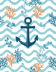 Nautical design featuring an anchor, coral, and wavy pattern