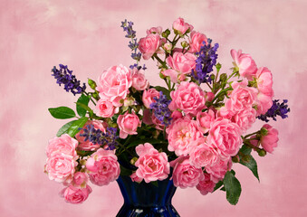 A bouquet of Mossroses in a blue vase with lavender against a pink background.