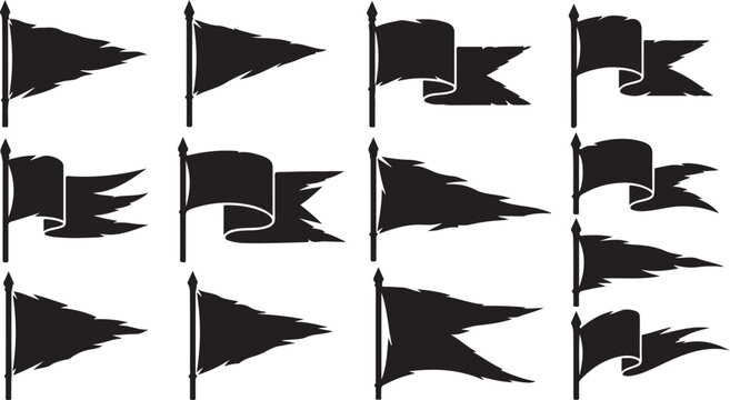 Bold Black Pennant Flag Silhouettes &ndash; Dynamic Wind-Blown Banner Set