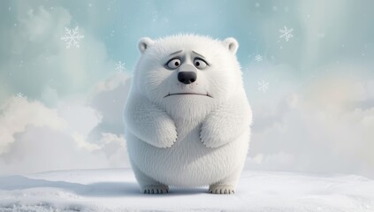 Animated polar bear showing sadness, snowy environment, highlighting emotional expression, Earth Day
