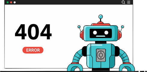 Cartoon robot displays a 404 page not found error on a browser window