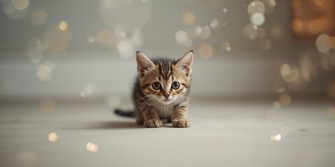 Shy tabby kitten crouching with worried body language, emphasizing early pet adaptation